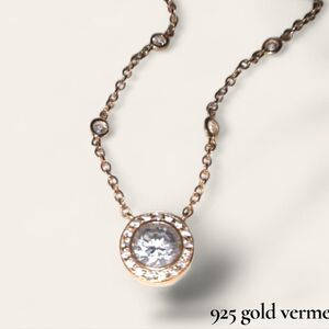 Signed 925 Gold Vermeil Sterling cz halo pendant station necklace 16in FAS